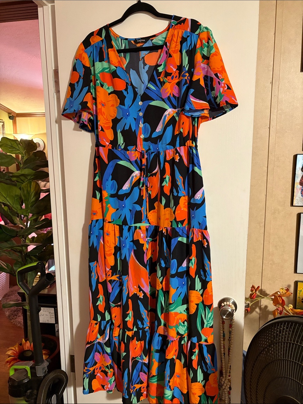 Vibrant Floral Midi Dress in Black and Orange